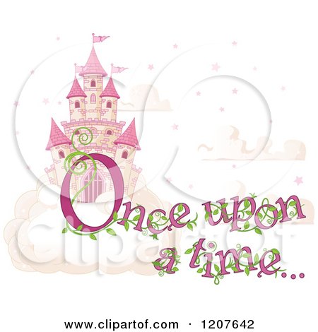 Cartoon of a Pink Fairy Tale Sky Castle with Once upon a Time Text - Royalty Free Vector Clipart by Pushkin