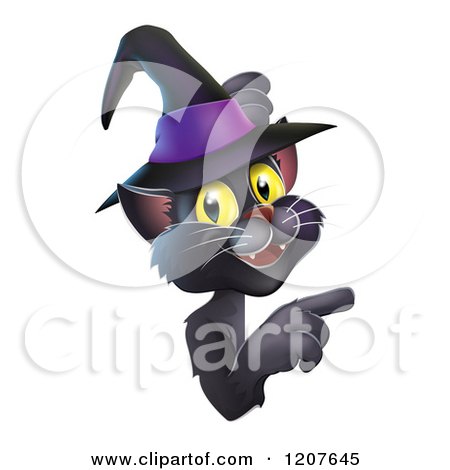 Cartoon of a Black Cat Wearing a Witch Hat and Pointing at a Sign - Royalty Free Vector Clipart by AtStockIllustration