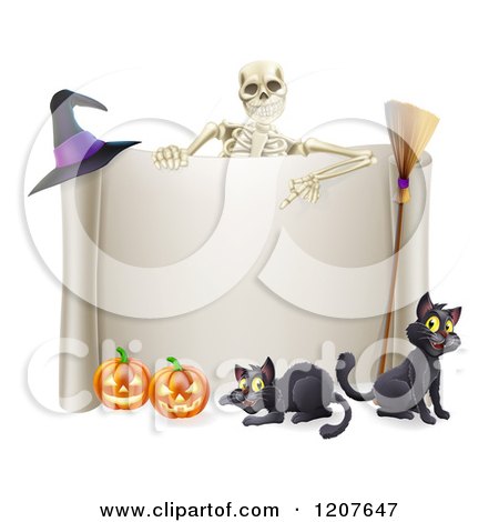Cartoon of a Skeleton Pointing down to a Halloween Sign with Black Cats a Broomstick Witch Hat and and Pumpkins - Royalty Free Vector Clipart by AtStockIllustration