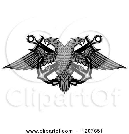 Clipart of a Grayscale Double Headed Eagle over Crossed Anchors 2 - Royalty Free Vector Illustration by Vector Tradition SM
