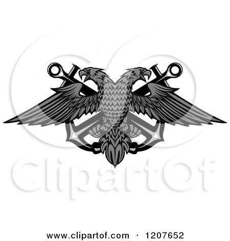 Clipart of a Grayscale Double Headed Eagle over Crossed Anchors - Royalty Free Vector Illustration by Vector Tradition SM