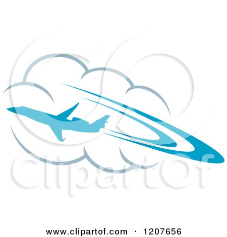 Clipart of a Blue Airplane Flying over Clouds - Royalty Free Vector Illustration by Vector Tradition SM