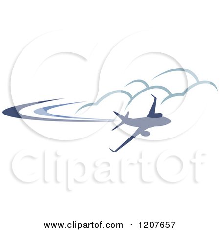 Clipart of a Dark Blue Airplane Flying near Clouds - Royalty Free Vector Illustration by Vector Tradition SM