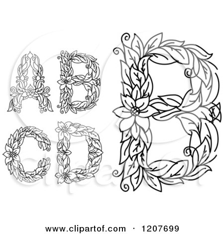 Clipart of a Black and White Floral Letters a B C and D - Royalty Free Vector Illustration by Vector Tradition SM