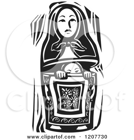 Clipart of a Girl Peeking out of a Russian Nesting Doll Black and White Woodcut - Royalty Free Vector Illustration by xunantunich