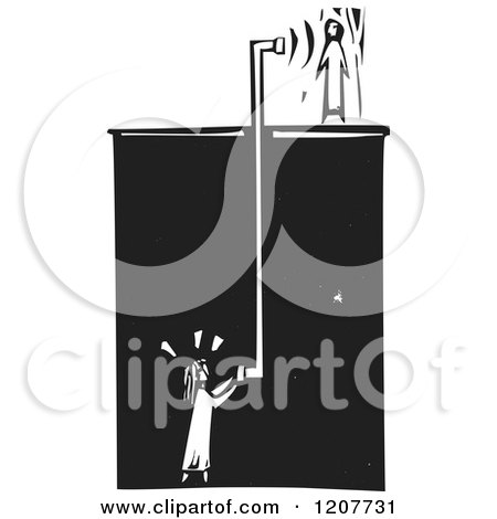 Clipart of a Girl Unerground, Using a Speaking Tube to Communicate with Someone Above Black and White Woodcut - Royalty Free Vector Illustration by xunantunich