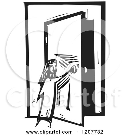 Clipart of a Girl Opening a Door Black and White Woodcut - Royalty Free Vector Illustration by xunantunich