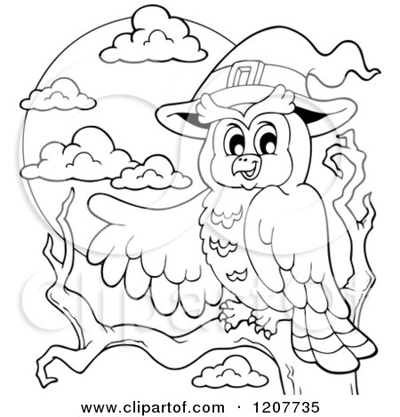 Cartoon of an Outlined Halloween Owl Wearing a Witch Hat and Pointing - Royalty Free Vector Clipart by visekart