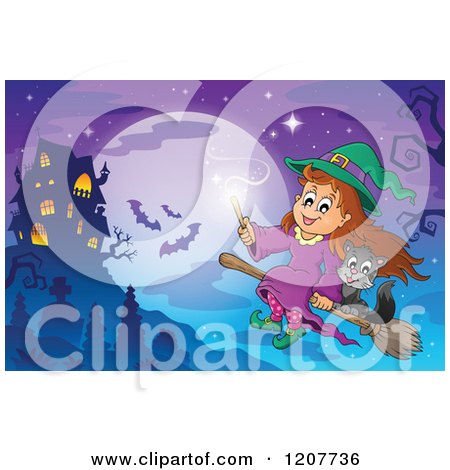 Cartoon of a Cute Halloween Witch Girl and Black Cat Flying near a Haunted House Against a Full Moon - Royalty Free Vector Clipart by visekart