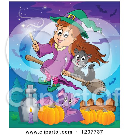 Cartoon of a Cute Halloween Witch Girl and Black Cat Flying on a Broomstick over a Cemetery Pumpkins and Bat - Royalty Free Vector Clipart by visekart