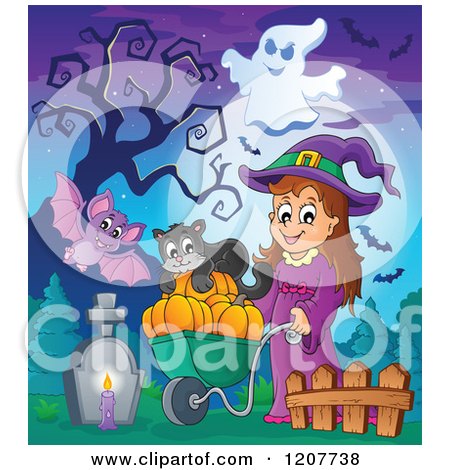 Cartoon of a Bat Flying by a Cute Halloween Witch Girl Pushing a Cat and Pumpkins in a Wheelbarrow in a Cemetery - Royalty Free Vector Clipart by visekart