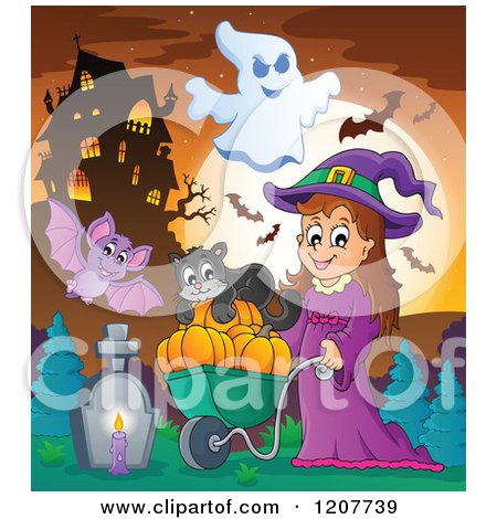 Cartoon of a Bat Flying by a Cute Halloween Witch Girl Pushing a Cat and Pumpkins in a Wheelbarrow in a Cemetery near a Haunted House - Royalty Free Vector Clipart by visekart