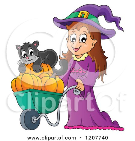 Cartoon of a Cute Halloween Witch Girl Pushing a Black Cat and Pumpkins in a Wheelbarrow - Royalty Free Vector Clipart by visekart
