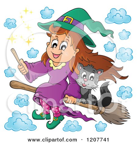 Cartoon of a Cute Halloween Witch Girl and Black Cat Flying on a Broomstick - Royalty Free Vector Clipart by visekart