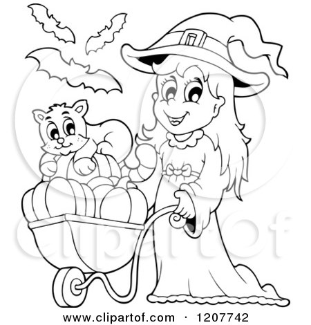 Cartoon of an Outlined Cute Halloween Witch Girl Pushing a Cat and Pumpkins in a Wheelbarrow - Royalty Free Vector Clipart by visekart