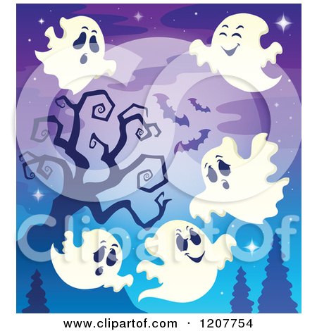 Cartoon of Halloween Ghosts Flying Against a Bare Tree and Full Moon - Royalty Free Vector Clipart by visekart