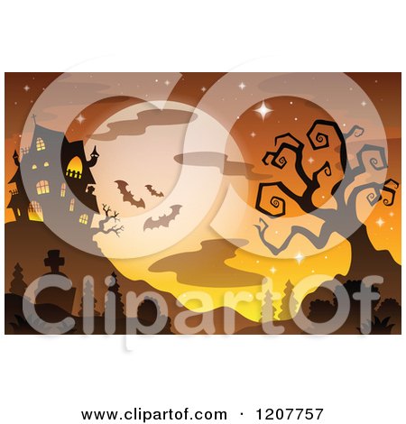 Cartoon of a Haunted House Against a Full Moon with Bats and a Bare Tree over a Cemetery - Royalty Free Vector Clipart by visekart
