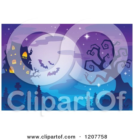 Cartoon of a Haunted House Against a Full Moon with Bats and a Bare Tree - Royalty Free Vector Clipart by visekart