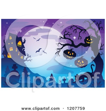 Cartoon of a Haunted House Against a Full Moon with Bats over Jackolanterns and a Cat in a Cemetery - Royalty Free Vector Clipart by visekart