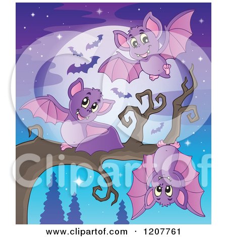 Cartoon of Cute Vampire Bats by a Tree Against a Full Moon - Royalty Free Vector Clipart by visekart