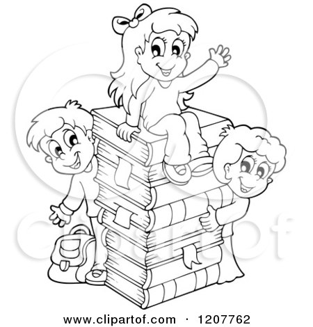 Cartoon of Outlined Happy School Children with a Stack of Books - Royalty Free Vector Clipart by visekart
