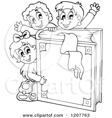 Cartoon of Outlined Happy School Children with a Giant Blue Book - Royalty Free Vector Clipart by visekart
