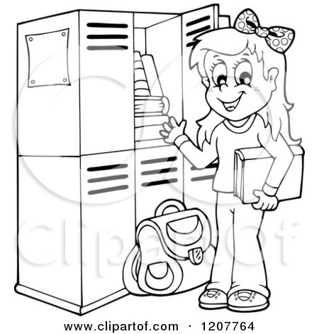 Cartoon of an Outlined Happy Blond School Girl at Her Locker - Royalty Free Vector Clipart by visekart