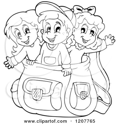 Cartoon of Outlined Happy School Children in a Big Backpack - Royalty Free Vector Clipart by visekart