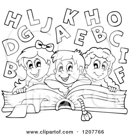 Cartoon of Outlined Happy School Children on a Giant Book - Royalty Free Vector Clipart by visekart