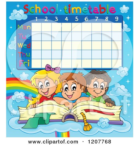 Cartoon of a School Children Time Table of Kids Reading a Giant Book over a Rainbow and Clouds - Royalty Free Vector Clipart by visekart