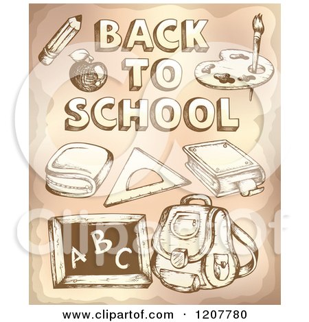 Cartoon of Sketched Back to School Text and Supplies - Royalty Free Vector Clipart by visekart