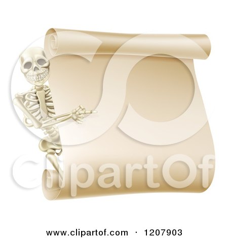 Cartoon of a Happy Human Skeleton Pointing to a Blank Scroll Sign - Royalty Free Vector Clipart by AtStockIllustration