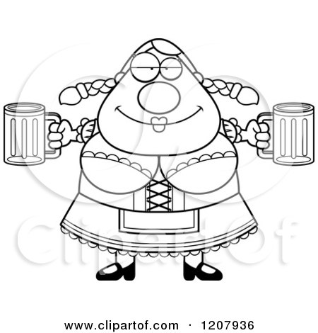 Cartoon of a Black And White Chubby Oktoberfest German Woman Holding Two Beers - Royalty Free Vector Clipart by Cory Thoman