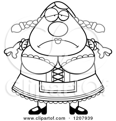Cartoon of a Black And White Depressed Chubby Oktoberfest German Woman - Royalty Free Vector Clipart by Cory Thoman