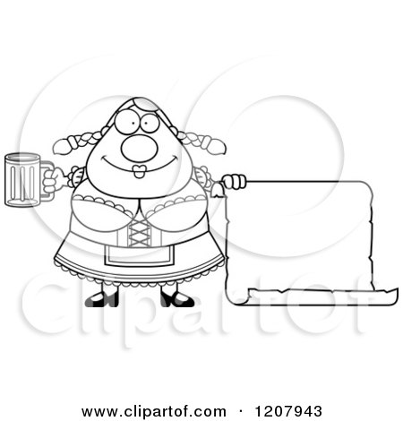 Cartoon of a Black And White Chubby Oktoberfest German Woman with a Beer and Sign - Royalty Free Vector Clipart by Cory Thoman