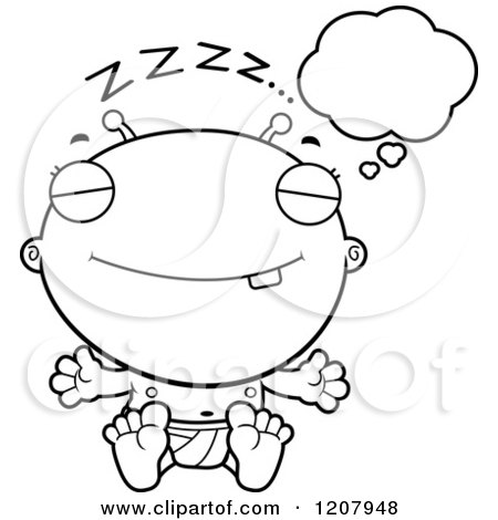 Cartoon of a Black and White Dreaming Alien Infant Baby - Royalty Free Vector Clipart by Cory Thoman