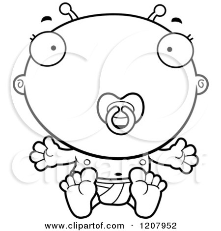 Cartoon of a Black and White Sitting Alien Infant Baby with a Pacifier - Royalty Free Vector Clipart by Cory Thoman