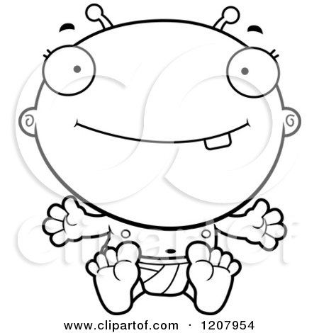 Cartoon of a Black and White Happy Sitting Alien Infant Baby - Royalty Free Vector Clipart by Cory Thoman