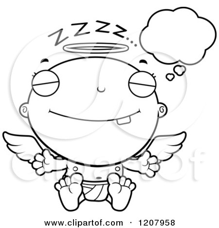 Cartoon of a Black And White Dreaming Baby Infant Angel - Royalty Free Vector Clipart by Cory Thoman