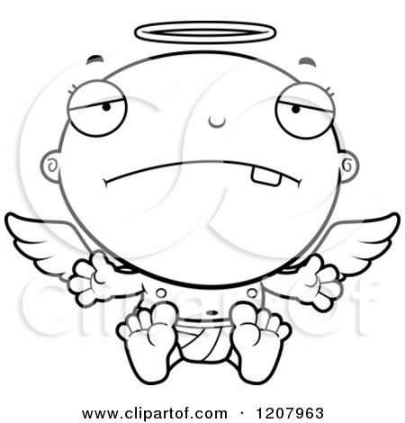 Cartoon of a Black And White Depressed Baby Infant Angel - Royalty Free Vector Clipart by Cory Thoman