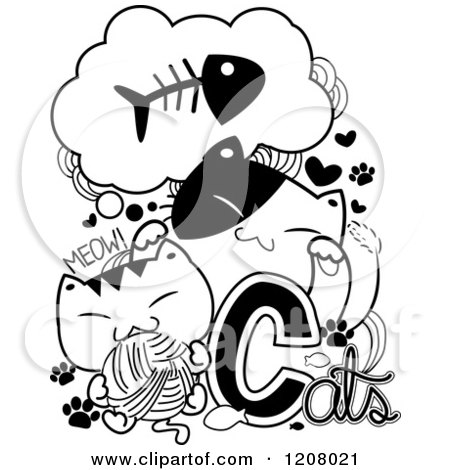 Cartoon of Black and White Doodled Cats - Royalty Free Vector Clipart by BNP Design Studio