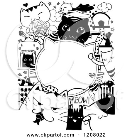Cartoon of Black and White Doodled Cats with Text Space - Royalty Free Vector Clipart by BNP Design Studio