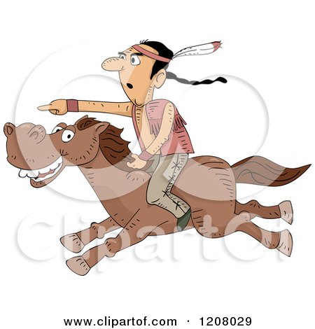 Cartoon of a Native American Man Pointing and Riding on a Horse - Royalty Free Vector Clipart by BNP Design Studio