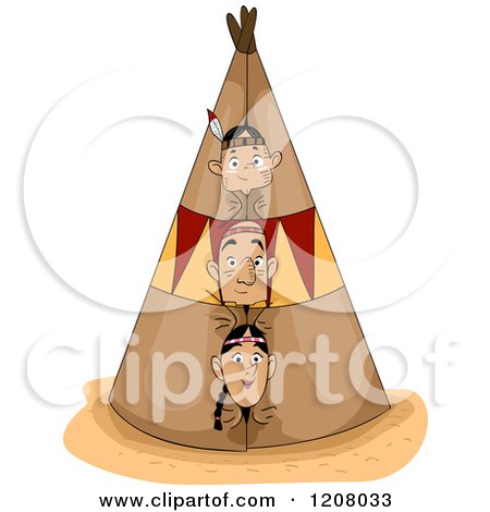 Cartoon of a Native American Family Peeking out from an Opening of a Teepee - Royalty Free Vector Clipart by BNP Design Studio