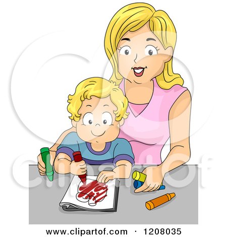Cartoon of a Blond Caucasian Mother Coloring with Her Toddler Son - Royalty Free Vector Clipart by BNP Design Studio