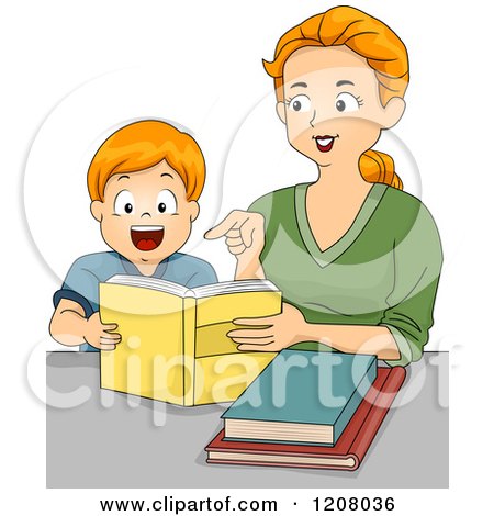 Cartoon of a Red Haired Caucasian Mother Reading to Her Son - Royalty Free Vector Clipart by BNP Design Studio