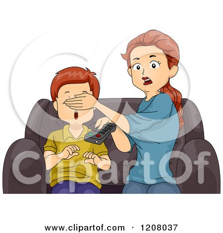 Cartoon of a Shocked Brunette Caucasian Mother Covering Her Sons Eyes While Watching Tv - Royalty Free Vector Clipart by BNP Design Studio