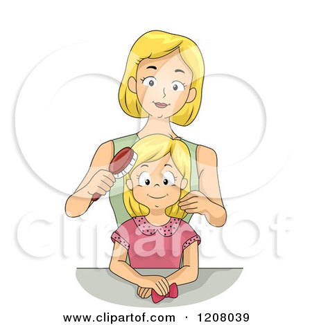 Cartoon of a Blond Caucasian Mother Brushing Her Daughters Hair - Royalty Free Vector Clipart by BNP Design Studio