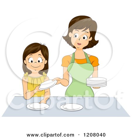 Cartoon of a Brunette Caucasian Mother and Daughter Setting a Table Together - Royalty Free Vector Clipart by BNP Design Studio