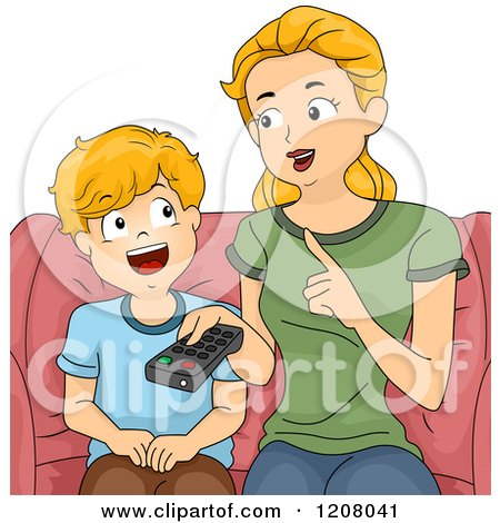 Cartoon of a Blond Caucasian Mother Discussing Television with Her Son - Royalty Free Vector Clipart by BNP Design Studio
